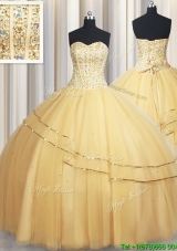 2017 New Style Visible Boning Sequined and Beaded Bodice Tulle Quinceanera Dress in Gold
