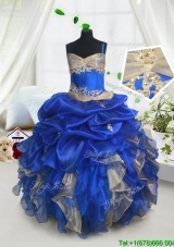 Ruffled and Bubble Spaghetti Straps Little Girl Pageant Dress in Blue and Champagne