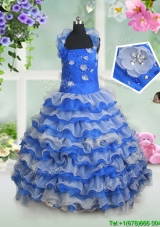 Popular Halter Top Ruffled Layers Organza Blue and White Little Girl Pageant Dress