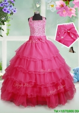 Beaded Bodice and Ruffled Layers Halter Top Little Girl Pageant Dress in Hot Pink