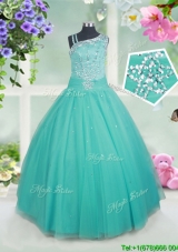 Beautiful Asymmetrical Neck Beaded Turquoise Little Girl Pageant Dress in Tulle