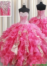 2017 Best Selling Visible Boning Ruffled Hot Pink Quinceanera Dress in Organza and Sequins