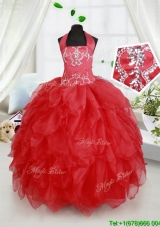 Pretty Beaded and Ruffled Halter Top Red Little Girl Pageant Dress in Organza