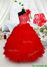 One Shoulder Handmade Flower Little Girl Pageant Dress with Beading and Ruffles