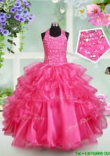 Perfect Beaded Bodice and Ruffled Layers Little Girl Pageant Dress with Halter Top
