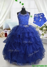 New Halter Top Beaded and Ruffled Layers Little Girl Pageant Dress in Royal Blue