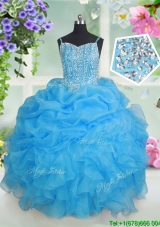 Visible Boning Beaded Bodice Spaghetti Straps Baby Blue Little Girl Pageant Dress