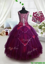 Beautiful Square Beaded Bodice and Belted Dark Purple Little Girl Pageant Dress