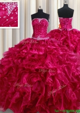 2017 Perfect Strapless Organza Ruffled and Beaded Quinceanera Dress in Fuchsia