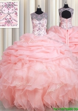 2017 Top Seller See Through Scoop Beaded and Ruffled Quinceanera Dress in Baby Pink