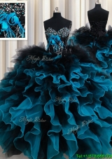 2017 Perfect Organza and Tulle Black and Blue Quinceanera Dress with Ruffles and Beading