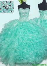 2017 Gorgeous Visible Boning Sweetheart Beaded and Ruffled Turquoise Quinceanera Dress in Organza