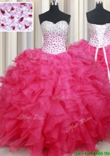 2017 Latest Hot Pink Organza Quinceanera Dress with Ruffles and Beaded Bodice