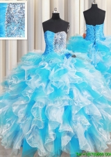 Simple Blue and White Organza Quinceanera Dress with Sequins and Ruffles