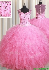 See Through Back Visible Boning Zipper Up Ruffled Quinceanera Dress in Rose Pink