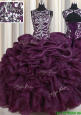 Popular See Through Scoop Dark Purple Quinceanera Dress with Beading and Ruffles