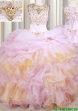 Popular Ruffled Scoop Pink and Gold Quinceanera Dress with Court Train