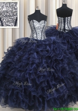 Beautiful Navy Blue Organza Quinceanera Dress with Sequined Bodice and Ruffled Layers