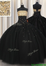 Perfect Big Puffy Beaded Strapless Black Quinceanera Dress in Tulle