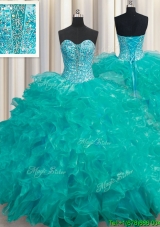 Best Selling Deep V Neckline Turquoise Quinceanera Dress with Beading and Ruffles