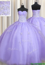 Modest Really Puffy Beaded Organza Lavender Quinceanera Dress with Zipper Up