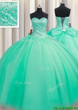 Beautiful Puffy Skirt Beaded Bodice and Bowknot Tulle Quinceanera Dress in Turquoise