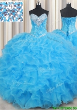 Beautiful Visible Boning Organza Ruffled and Beaded Bust Quinceanera Dress in Baby Blue