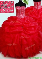 Fashionable Visible Boning Bubble Ruffled Beaded Bodice Red Quinceanera Dress in Organza