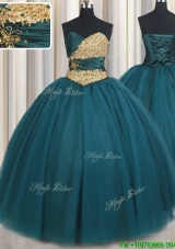 Romantic Puffy Skirt Sweetheart Beaded Teal Quinceanera Dress in Tulle