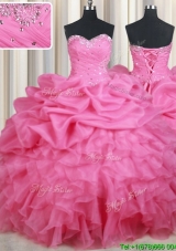 Gorgeous Sweetheart Ruffled Bubble and Beaded Quinceanera Dress in Rose Pink