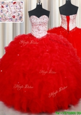 Gorgeous Visible Boning Beaded and Ruffled Tulle Red Quinceanera Dress