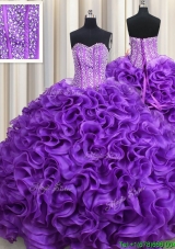 Wonderful Visible Boning Beaded Bodice Rolling Flowers Eggplant Purple Quinceanera Dress