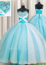 Spaghetti Straps Organza Beaded Bust Quinceanera Dress in White and Blue