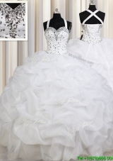 Lovely Puffy Skirt Straps Organza White Quinceanera Dress with Beading and Pick Ups