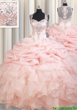 Romantic Straps See Through Back Brush Train Zipper Up Quinceanera Dress in Baby Pink