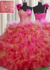 Modest One Shoulder Ruffled and Handcrafted Flower Quinceanera Dress in Organza and Tulle