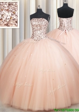 Exquisite Big Puffy Beaded Bodice Strapless Peach Quinceanera Dress in Tulle