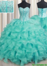 Simple Ruffled and Beaded Organza Turquoise Quinceanera Dress with Brush Train