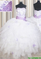 Exclusive Strapless Belted Beaded and Ruffled White Quinceanera Dress in Tulle