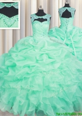 Beautiful Scoop Ruffled and Pick Ups Organza Quinceanera Dress in Apple Green