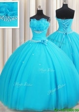 Affordable Beaded and Ruffled Aquamarine Quinceanera Dress with Handcrafted Flower