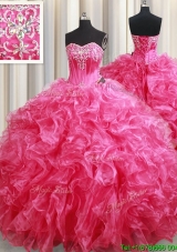 Wonderful Beaded and Ruffled Hot Pink Quinceanera Dress with Brush Train