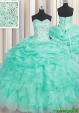 Modest Sweetheart Organza Apple Green Quinceanera Dress with Beading and Pick Ups