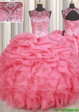 Lovely See Through Scoop Beaded Ruffled Bubble Quinceanera Dress in Watermelon Red