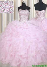 Most Popular Puffy Skirt Beaded Bodice and Ruffled Baby Pink Quinceanera Dress