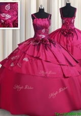 Exquisite Straps Burgundy Quinceanera Dress with Embroidery and Handcrafted Flowers