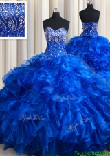 Popular Beaded and Ruffled Royal Blue Quinceanera Dress with Brush Train