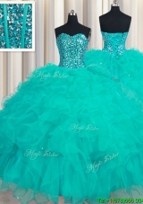 Unique Visible Boning Turquoise Sweetheart Organza Quinceanera Dress with Beaded Bodice