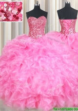 Modern Organza Rose Pink Quinceanera Dress with Beaded Bodice and Ruffles