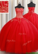 Most Popular Big Puffy Beaded Sweetheart Red Quinceanera Dress in Tulle